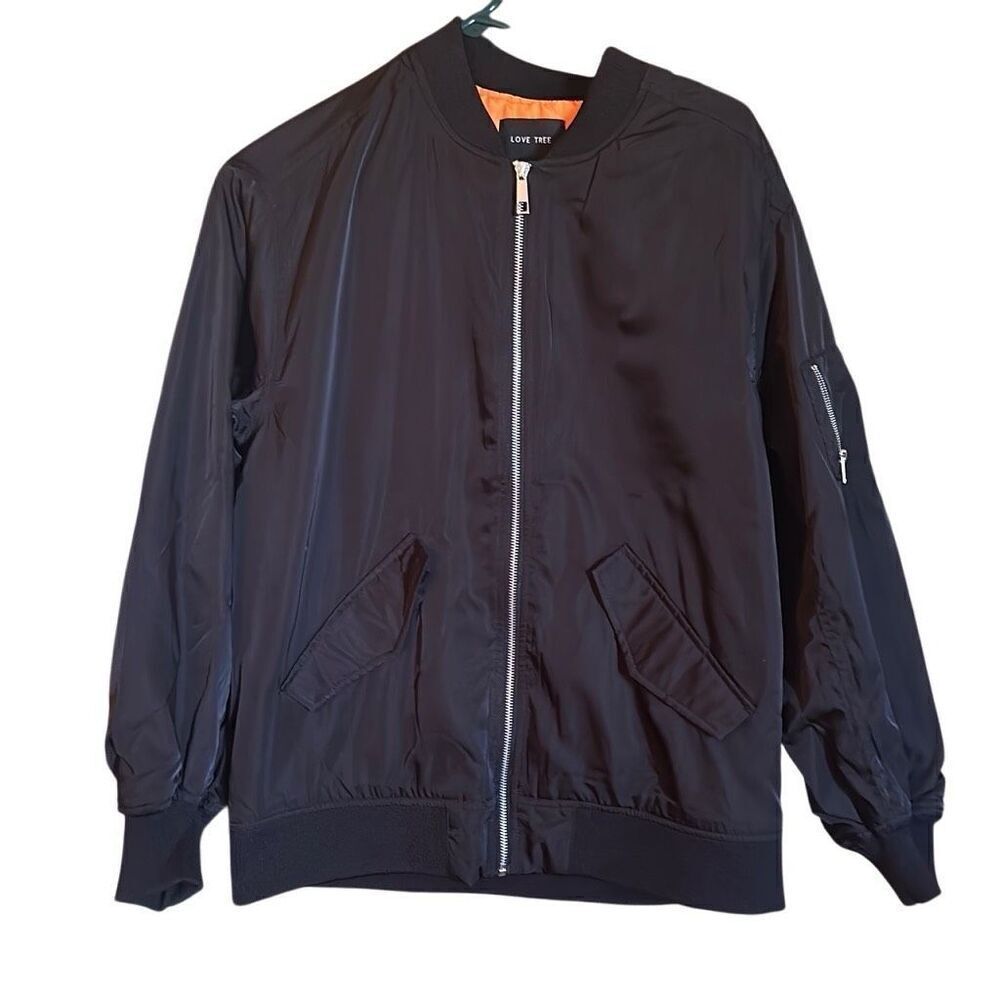 Love Tree Black Orange Lined Full Zip Classic Bomber Jacket Ladies Small